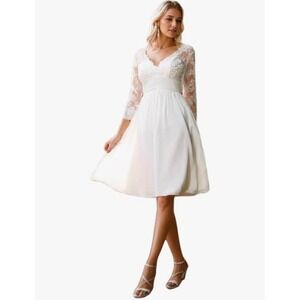 White Lace Sleeve V Neck Knee Length Party Wedding Guest‎ Dress